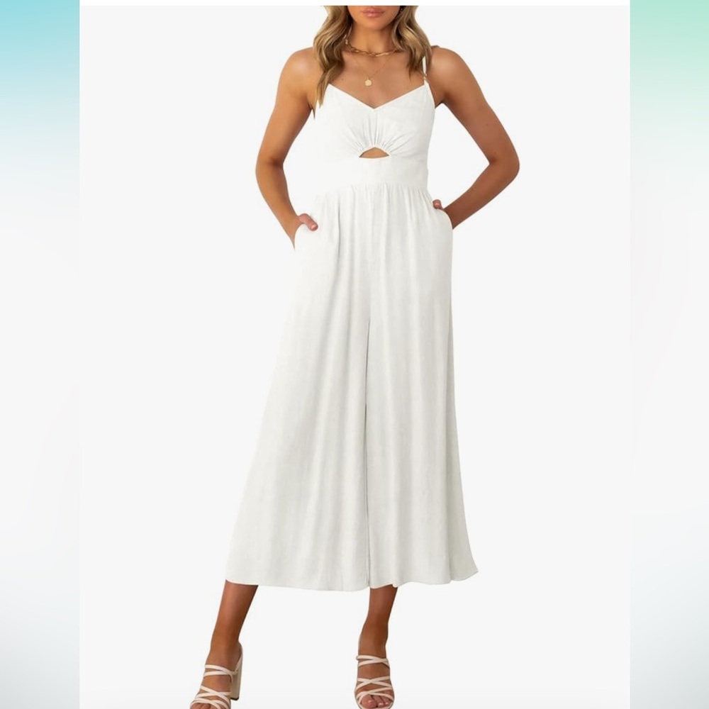 Summer Casual Linen Wide Leg One Piece Jumpsuit - Off white (M)